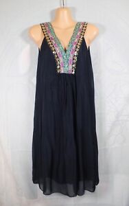 MADE IN ITALY navy blue silk chiffon gold embroidered sleeveless dress, 10-12