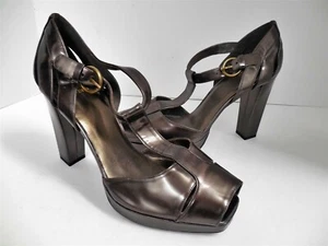 Stuart Weitzman 9 M Pewter Leather Platform Peep Toe Heels - Picture 1 of 6