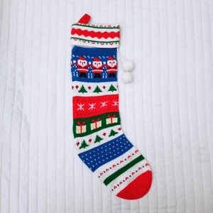 Vintage Kurt Adler Fair Isle Santa Knit Stocking Christmas 1981 Pom Poms 19" - Picture 1 of 9