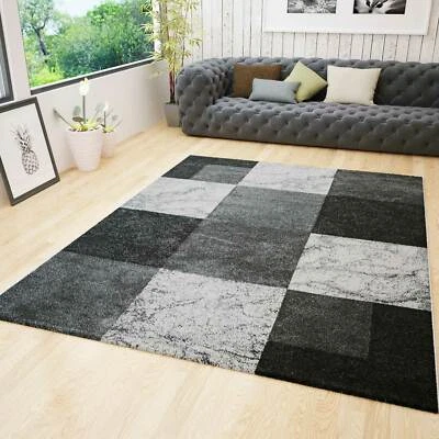 Salon Tapis Moderne à Carreaux Noir Gris Blanc Moucheté Countours de Découpe - Photo 1/4