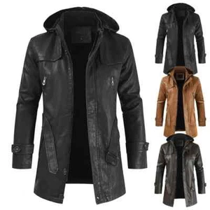 Chaqueta de motociclista moda con capucha cuero larga alta calidad para hombre. - Imagen 1 de 27