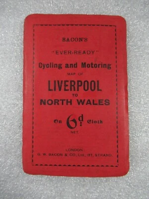 Mapa de ciclismo y automovilismo "Ever-Ready" de Bacon c1920 de Liverpool y el norte de Gales Foto 1 de 4