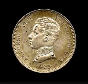 2 PESETAS ALFONSO XIII, 1905 (*0-5), MA SM V, SC SC-, BRILLO ORIGINAL - Imagen 1 de 2