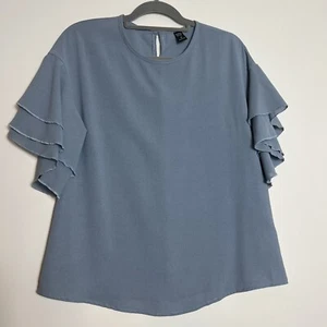 Emery Rose Dusty Blue Tiered Ruffle Sleeves Blouse Size M - Picture 1 of 7