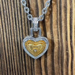 18in Two Tone Heart Pendant Necklace Silver Gold Tone Rope Chain 0.48oz Fashion - Picture 1 of 8