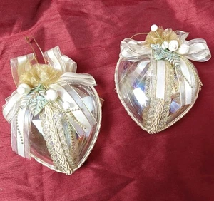 2 Vtg Iridescent Gold And White Victorian Hearts Christmas Ornaments Dillard's - Picture 1 of 10