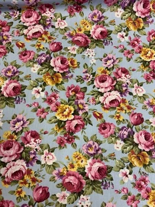 2.5 Metres Blue Pink Roses Floral Printed 100% Cotton Poplin Fabric - Picture 1 of 4