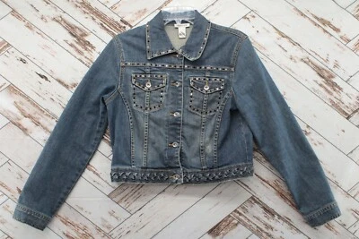 Harolds Denim Jacket Womens M Trucker Jacket Rhinestone Studded Cross Cropped - Image 1 of 4