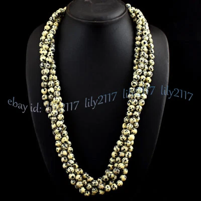 Collar de cuentas redondas gemas punto negro jaspe dálmata natural de 4 filas de 8 mm 25 pulgadas Foto 1 de 4