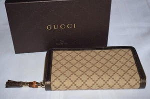 Gucci Diamante Canvas Brown Leather Bamboo Tassel Zip Around Long Wallet NEW HS6 - Picture 1 of 14