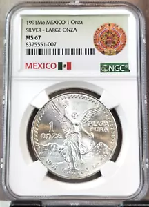 1991 MEXICO SILVER 1 ONZA LIBERTAD LARGE ONZA NGC MS 67 SCARCE GEM BU BEAUTY - Picture 1 of 3