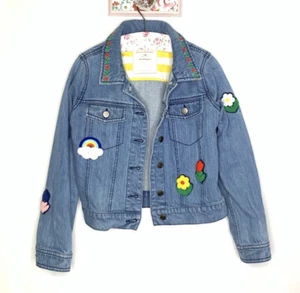 Hanna Andersson New Girls Denim Jean Rainbow Flower Patches 140 Size 10 Jacket - Picture 1 of 12