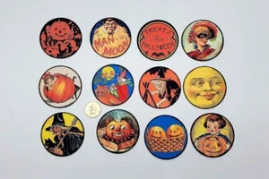 12-Halloween-Estilo Vintage-Círculo-Libro de Recortes-Fiesta-Cartutería de Lino-Etiqueta-Pegatinas - Imagen 1 de 1