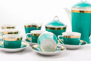 Hollohaza vintage Hungarian porcelain coffee set mint green - Picture 1 of 2