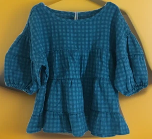 Wonder Nation Girls Peasant Top Blue Check 3/4 Puff Sleeve Tiered Size XS 4-5 - Picture 1 of 5