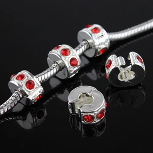 10 pcs Czech Crystal Rhinestone Silver European Charm Beads Locks Clips Stoppers - Picture 1 of 22