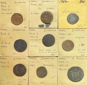 (9) 1600's PAPAL STATES VATICAN ITALY QUATTRINO 1/2 BAIOCCO GUBBIO COIN CIRC LOT - Picture 1 of 2