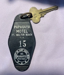 Vtg MCM Papagaya Motel Ft Walton Beach FL Room Key & Fob #15 Black - Picture 1 of 2