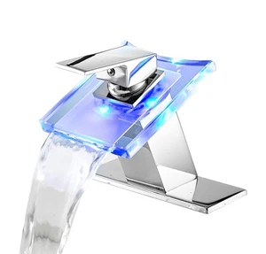 Bathroom Sink Faucet Waterfall Glass Spout LED Light 3 Colors Changing Hot an... - Picture 1 of 7