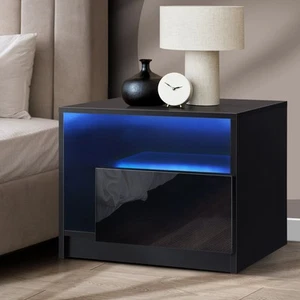 Oikiture Bedside Tables RGB LED Side Table Drawers High Gloss Nightstand Black - Picture 1 of 10