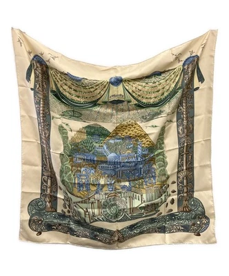 Hermes Carre 90 Silk Scarf L'atlantide Annie Faivre Beige Tags No Box Used. - Image 1 of 4