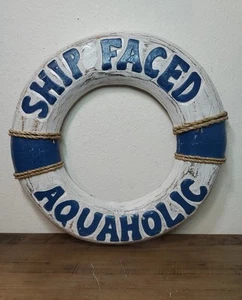 SHIP FACED AQUAHOLIC LIFE PERSERVER RING CARVED WALL ART TIKI BAR DECORATIONS - Picture 1 of 8