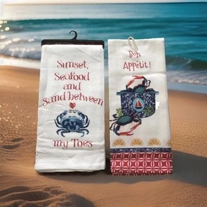 Tea Towels Crab Set Of 2 Kay Dee Designs Kitchen 18”x28” 1 Appliqué Nautical - Picture 1 of 9