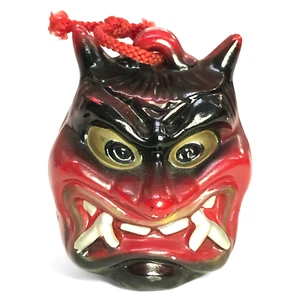 Japanese Clay Bell Dorei Oni Devil Demon Head Pottery Shrine Lucky Charm Art B17 - Picture 1 of 6