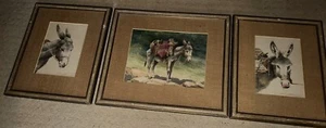 (Group of 3) SIGNED Original Water Paintings of DONKEYS with Burlap Matting - Picture 1 of 8