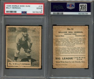 1936 WORLD WIDE GUM #16 Billy Herman Chicago Cubs HOF PSA 2