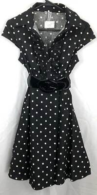 NWT R Wish Fit N Flare dress S Jrs Blk Polkadot ruffles collar cap sleeve Pin Up - Image 1 of 4