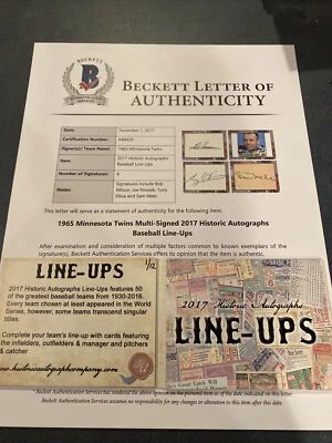 1965 Minnesota Twins 1/12 2017 Historic Autographs Line Ups - Image 1 of 4