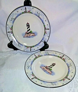 2 platos de postre faro náutico gres borde azul cielo veleros gaviotas - Imagen 1 de 8