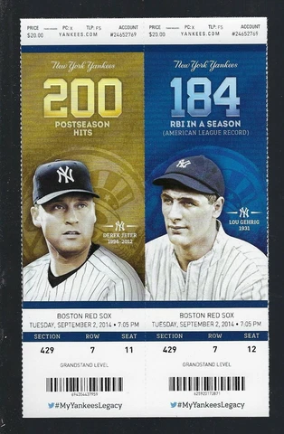 2014 RED SOX @ ny YANKEES BASEBALL FULL TICKETS - derek JETER & lou GEHRIG 9/2 Cover