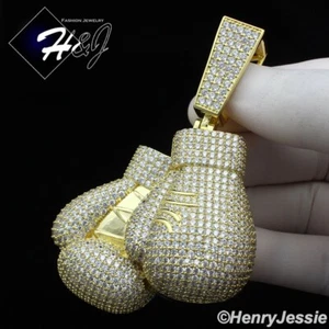 MEN 14K GOLD PLATED ICY BLING CZ HIP HOP 3D GOLD BOXING DOUBLE GLOVE PENDANT*G15 - Picture 1 of 5