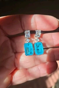 Emerald Cut Electric Blue Tourmaline & Topaz Dangle Earrings, Rhodium/Silver - Picture 1 of 10