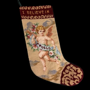 Needlepoint Christmas Stocking I Believe In Angels Lined Green Velvet Back 16" - Picture 1 of 12