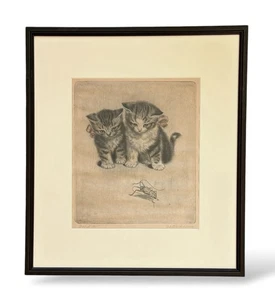 Meta Pluckebaum etching Cats with Cricket - Picture 1 of 5