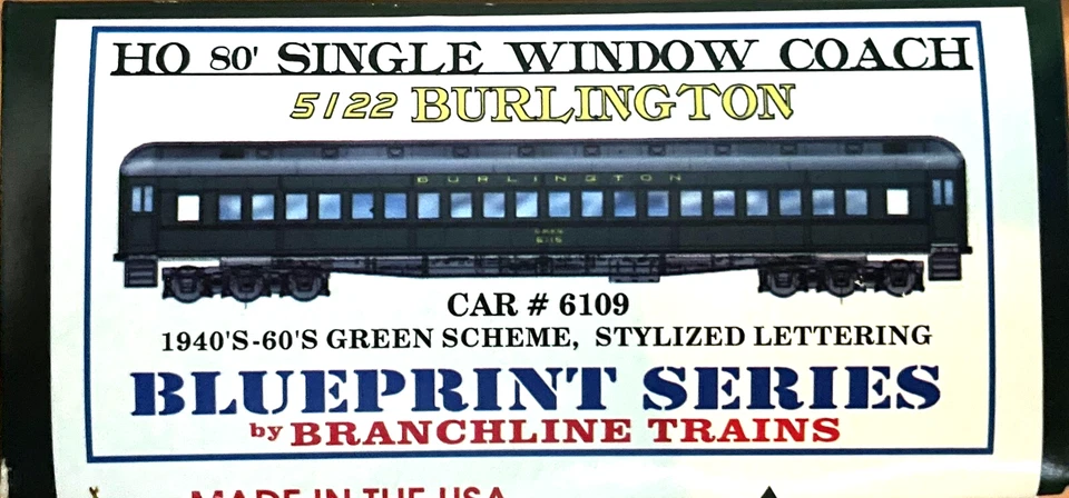 HO BRANCHLINE 5122 80' SINGLE WINDOW COACH BURLINGTON CB&Q # 6109 GREEN - Image 1 of 1