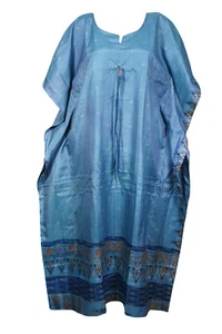Blue Kaftan Maxi Dress Printed Kimono Recycle Summer Beach Cover up Caftan 3XL