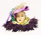 Doll Head Art Deco Hand Crafted Painted Bisque (?) Embellished Feathers 8" Retro