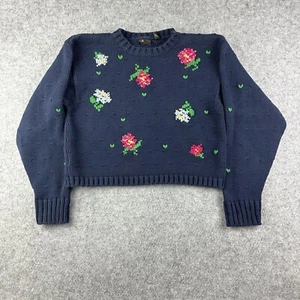 VTG LizSport Sweater Pullover Womens M Chunky Knit Cropped Crochet Floral Preppy - Picture 1 of 9