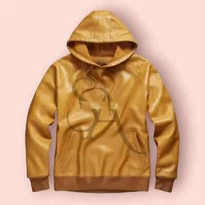 Mens yellow Leather Hoodie Pullover Style Hoodie Genuine Lambskin Leather Jacket - Picture 1 of 3