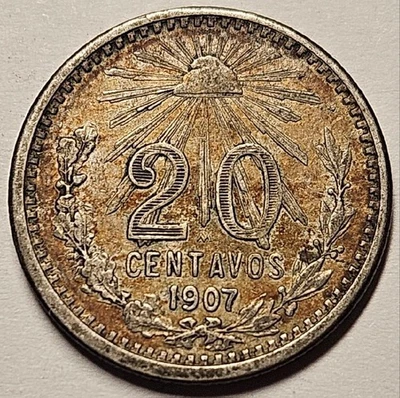 Mexico, 20 Centavos, 1907, Curved 7, Very Fine+, .1286 Ounce Silver - Image 1 of 2