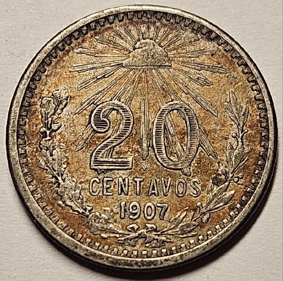Mexico, 20 Centavos, 1907, Curved 7, Very Fine+, .1286 Ounce Silver - Image 1 of 2