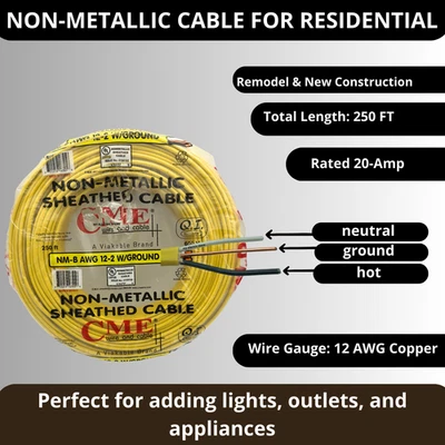 CME CABLE Y CABLE 12/2 + CABLE DE CONSTRUCCIÓN DE COBRE DE TIERRA, CABLE NM-B, 250 PIES Foto 1 de 4