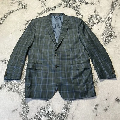 Trussini Blazer Mens Size 58 Wool Silk Lined Green Blue Plaid Double Vent - Image 1 of 4