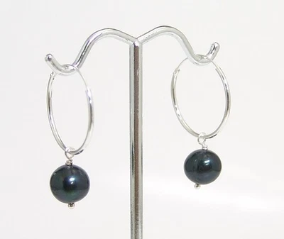 纯银环状耳环淡水珍珠染色黑色 3/4 英寸直径 — 第 1/4 张图片