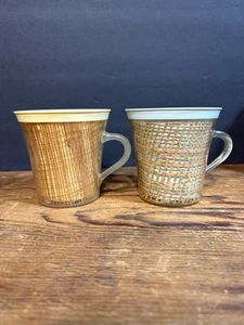 2 Retro Burlap Raffia Ware Insulated Melmac Coffee Cups Mugs - Picture 1 of 7