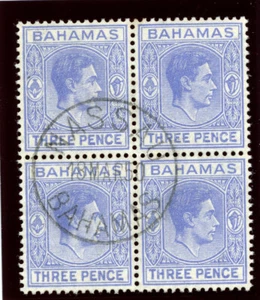 Bahamas 1948 KGV 3d bright ultramarine block of four very fine used. SG 154ab. - Picture 1 of 1